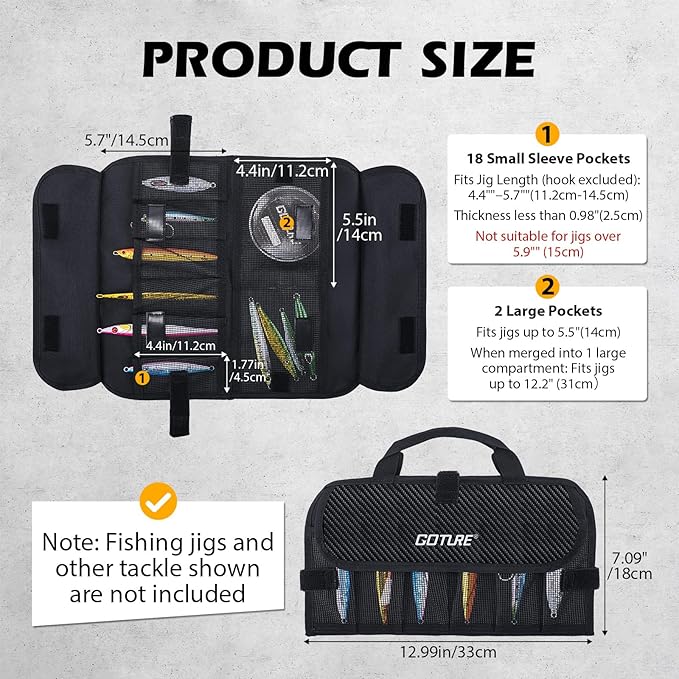 Goture Fishing Jig Bag,20 Mesh Pockets Portable Water-Resistant 600D PU Fishinig Lure Bag Saltwater Freshwater Suitable For Max 5.7" Length Vertical Jig Slow Pitch Jigging Bait Storage (12.99"x7.09")
