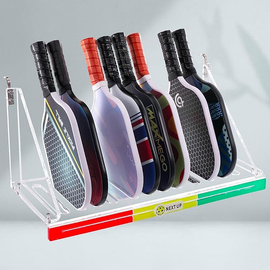 LifeLAZA Acrylic Pickleball Paddle Rack, Premium Pickleball Paddle Holder Holds 12 Paddles, Next Up Slider Tracker Rotation Rack Paddle Up System, Fence Mount Racket Rack Holder