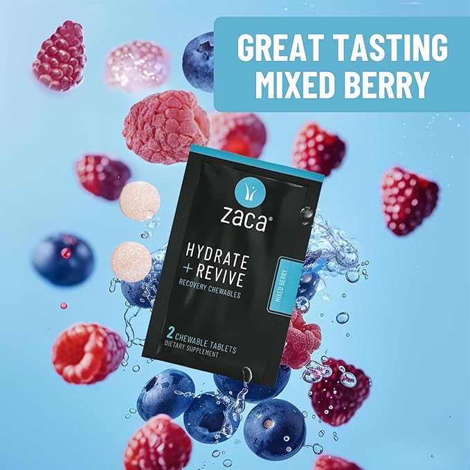 Zaca Recovery Chewable Supplement | Hydrate + Revive | Party, Travel, Exercise & Altitude | Non-Sugar & Non-Gluten | Mixed Berry, 2 Packets = 4 Tablets