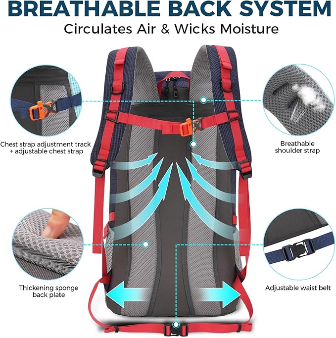 Bseash 45L Waterproof Hiking Camping Backpack with Rain Cover, Outdoor Sport Travel Bag Daypack for Climbing Skiing Cycling (Navy Blue)