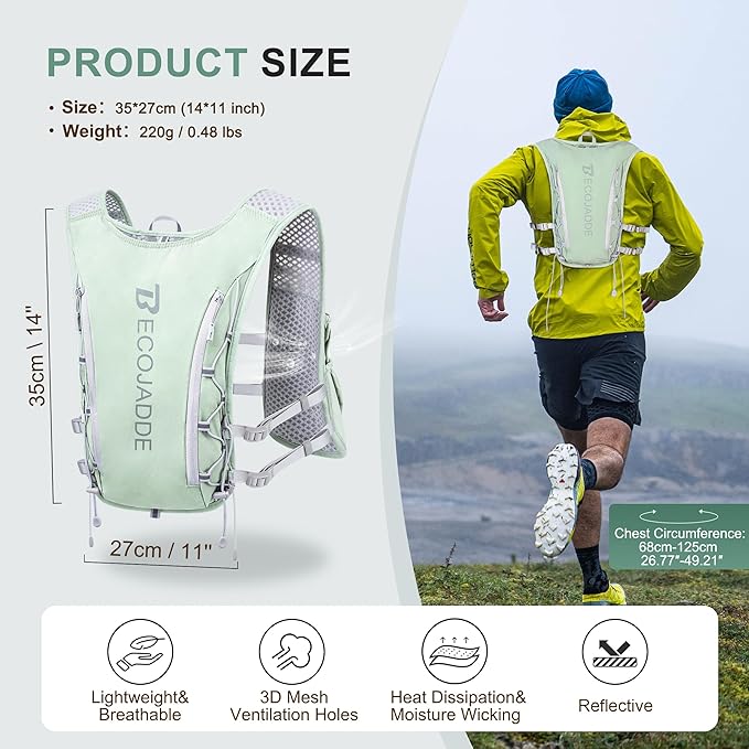 BECOJADDE Running Vest Hydration Backpack for Men Women, 5L Lightweight Running Backpack Hydration Pack for Marathon, Trail, Cycling, Hiking, Jogging