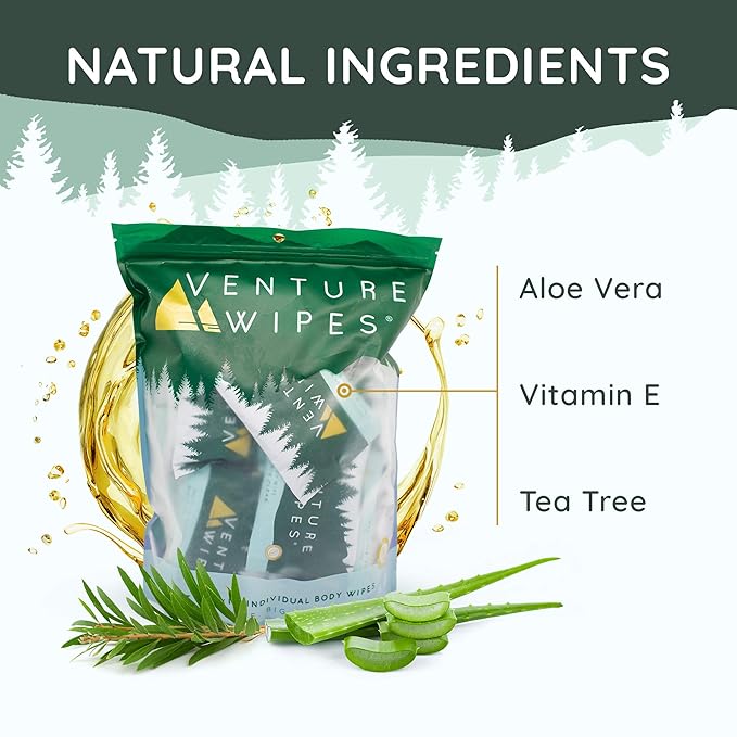 Venture Wipes Tea Tree Oil Body Wipes - Adventure Wipes for Adults - Biodegradable Cleansing With Aloe and Vitamin E - Camping Essentials - Individually Wrapped - 25 Count Bag