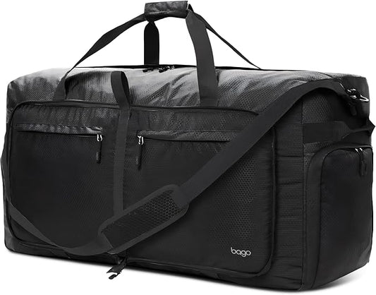 Bago Large Foldable Duffel Bags for Traveling Women & Men - 120L Packable Duffle Bag for Travel with Shoe Compartment - Water Repellant, Heavy Duty, Lightweight Folding & Collapsible (All Black)