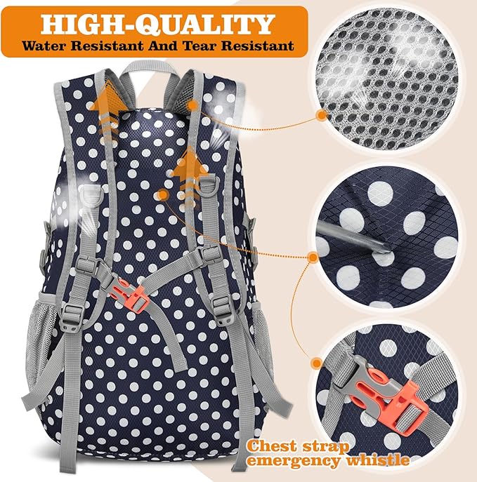 ZOMAKE Lightweight Packable Backpack 30L, Foldable Hiking Backpacks Water Resistant Compact Folding Daypack for Travel(Navy Blue,White polka dots)