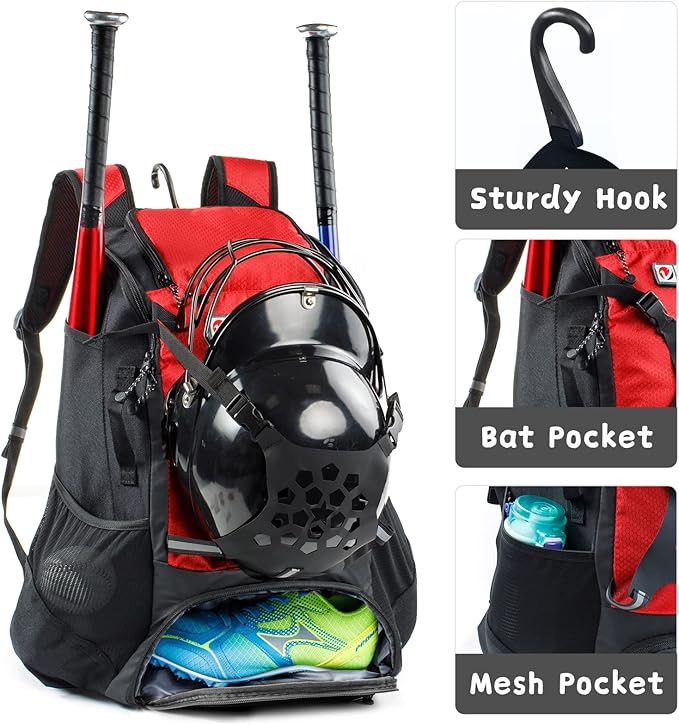 Baseball Backpack for Youth, Boys, Adults - Bat and Softball Equipment Bag With Glove Holder, Helmet, Shoes Compartment - T-Ball Accessories and Baseball Gifts