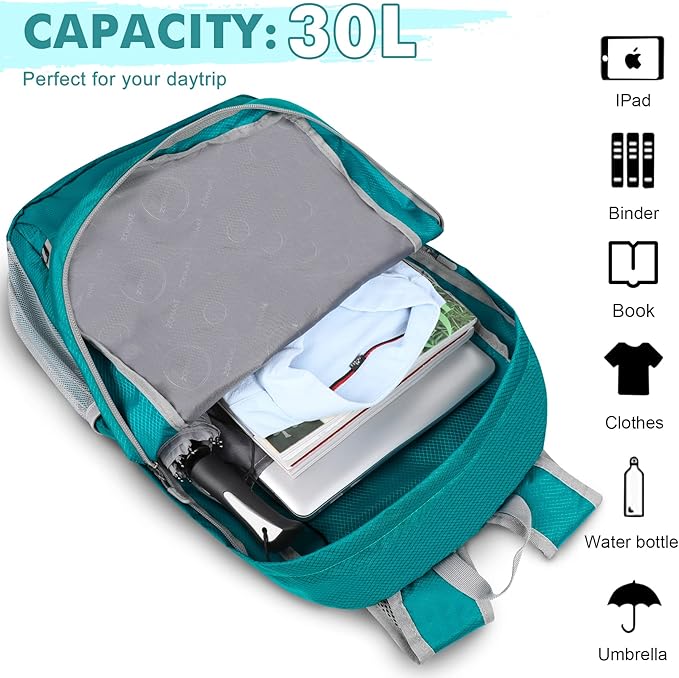 ZOMAKE Lightweight Packable Backpack 30L, Foldable Hiking Backpacks Water Resistant Compact Folding Daypack for Travel(Lake Green)