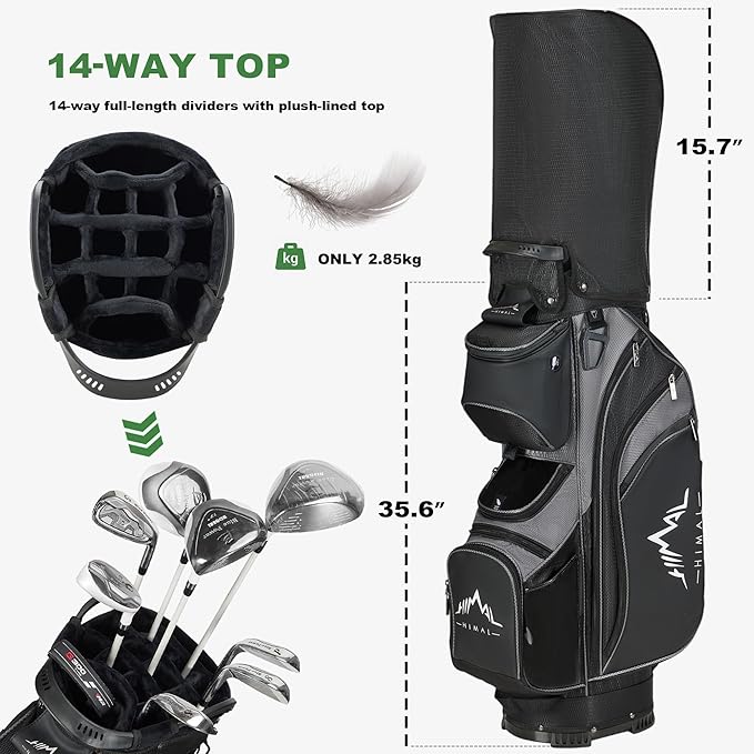 UNIHIMAL 14-Way Golf Cart Bag with Full Length Divider, Premium PU Leather Golf Bag with Plush Top, Magnetic Pocket and Rain Cover for Men