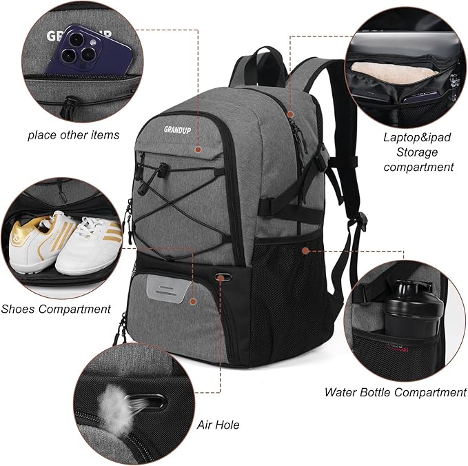 GRANDUP Basketball backpack with ball and shoes compartment Fit Volleyball, soccer, Swim, Gym, Travel, and School, large capacity sports training equipment bags