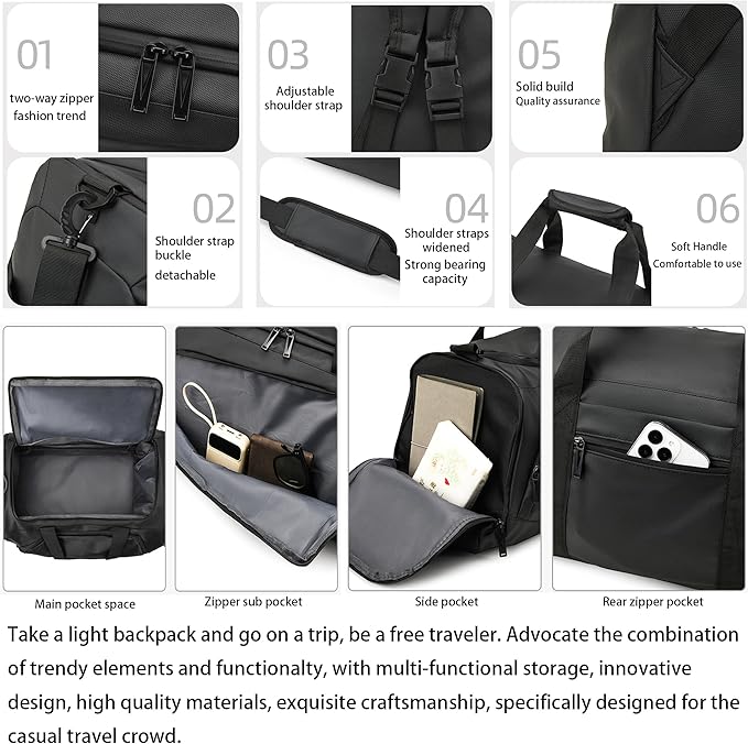 BYITFME 3 In 1 Gym Backpack With Shoes Compartment,55L Large Capacity Weekender Daypack,Waterproof Luggage Bag,Lightweight Travel Duffels Sports Handbag,All Purpose Workout Bag (Black)