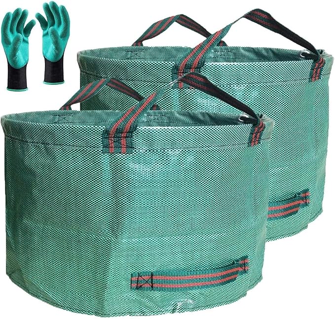Standard 2-Pack 46 Gallon Lawn Garden Bags (D26,H19 in) Yard Waste Bags W/Gardening Gloves for Leaf Bag,Yard Debris,Trash Container,Recycling Bin,Camping Waste Bin,Grass Clippings,Weeds Bag 4 Handles