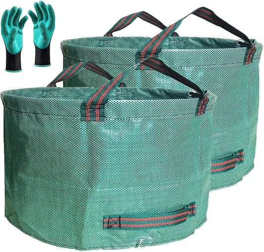 Standard 2-Pack 46 Gallon Lawn Garden Bags (D26,H19 in) Yard Waste Bags W/Gardening Gloves for Leaf Bag,Yard Debris,Trash Container,Recycling Bin,Camping Waste Bin,Grass Clippings,Weeds Bag 4 Handles