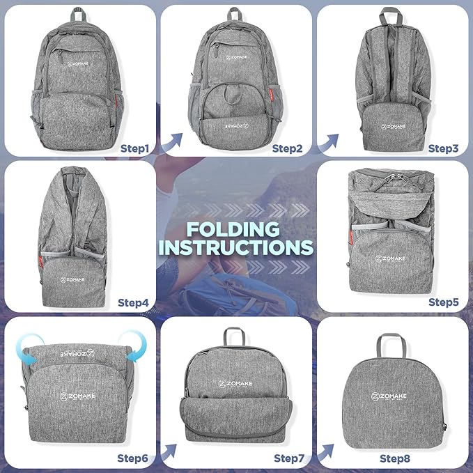 ZOMAKE Ultra Lightweight Packable Backpack 20L,Small Foldable Backpacks Hiking Water Resistant Collapsible Daypack for Women Men(Grey-B2)