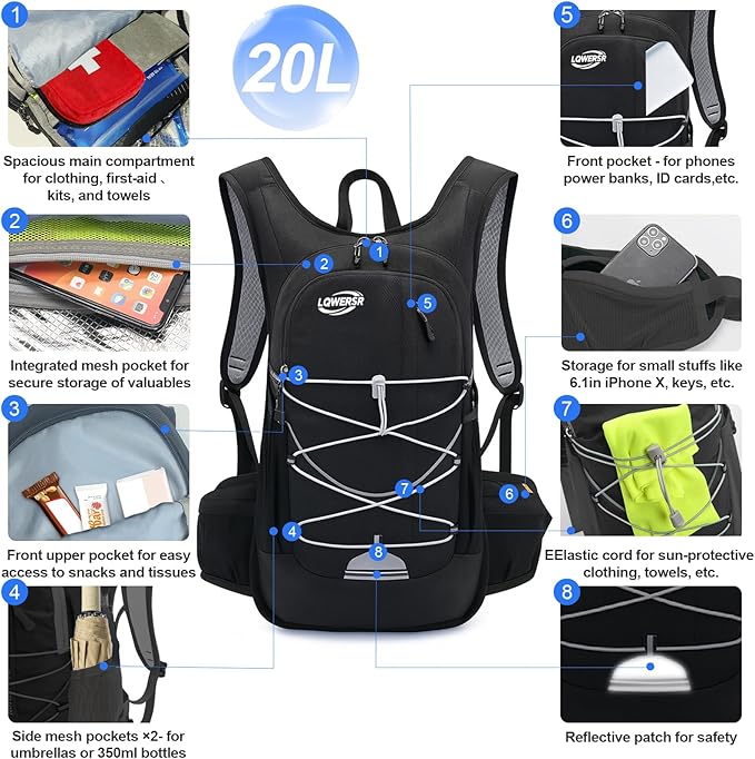 20L Hydration Backpack Pack with 2L Water Bladder Lightweight Hiking Backpack for Women Men, Adjustable Chest Straps Running Hydration Vest for Hiking, Cycling, Climbing