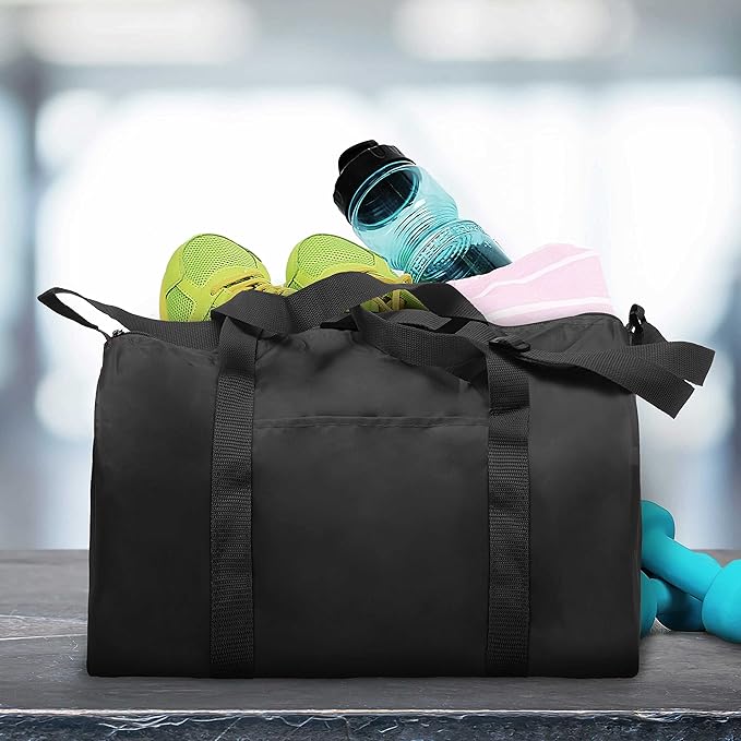 6 Sporty Duffle Bags Set - Polyester, Adjustable Strap, Front Pocket, Roll Styling - Black