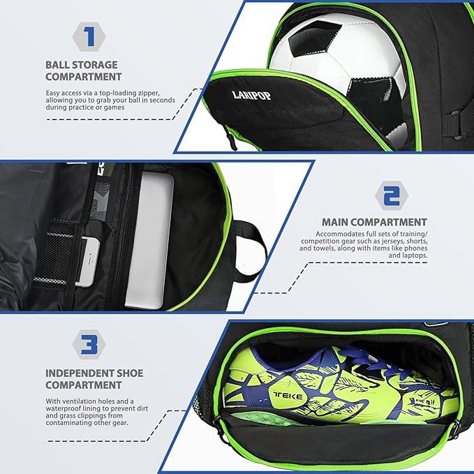 LARIPOP Soccer Backpack,Soccer Bag with Ball Holder and Shoe Compartment,Sports Equipment Training Bags Fits Basketball
