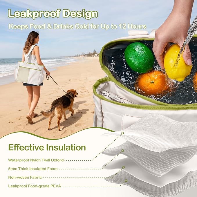 Odoland Soft Cooler Bag, Collapsible Leakproof Insulated Cooler Bag with Multi-Pocket Design, Portable Soft Side Cooler Backpack for Beach, Picnic, Camping, Travel and Daily Use for Women