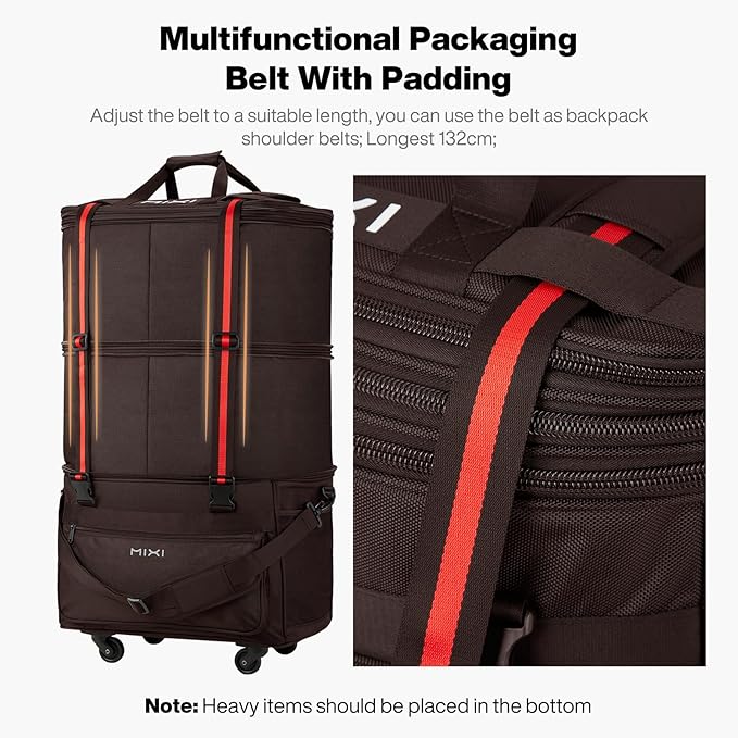 mixi Travel Bag with Wheels Expandable Foldable Luggage Bag Collapsible Rolling Travel Duffel Bags Large Capacity Suitcase for Men Women, Brown