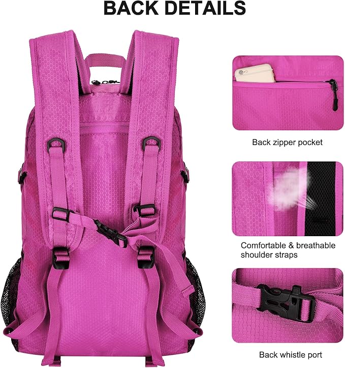 45L Hiking Backpack with Rain Cover, Lightweight Foldable Camping Backpack for Trekking, Water-Resistant Daypack with Hiking Pole & Mat Carrying System,Rose