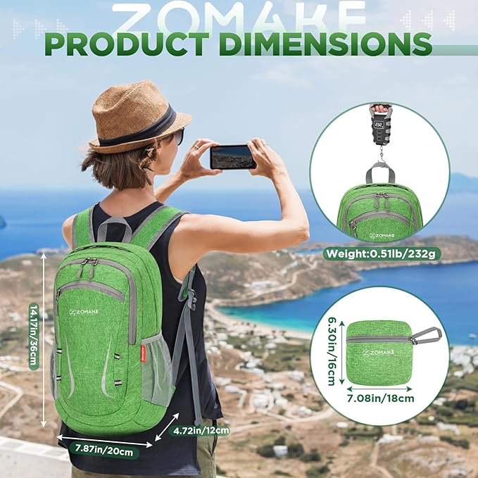 ZOMAKE Ultra Lightweight Packable Backpack 20L,Small Foldable Backpacks Hiking Water Resistant Collapsible Daypack for Women Men(Dark Green-A2)