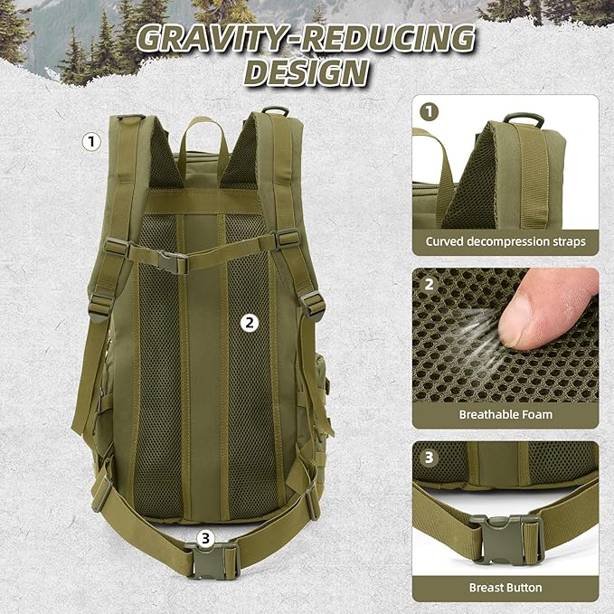 AUMENTAR 35L Military Tactical Backpack for Men, Water Resistant Assault Pack for Women, Army Green Molle Daypack 3 Day Bug Out Bag Rucksack for Trekking,Camping,Survival,EDC
