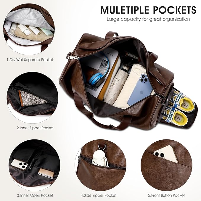 Wogarl 3PCS Faux Leather Weekender Bag for Women Men Large Overnight Travel Duffel Bags with Shoe Compartment Toiletry Packing Cube Carry On Duffle Fit 21" Laptop(Coffee)