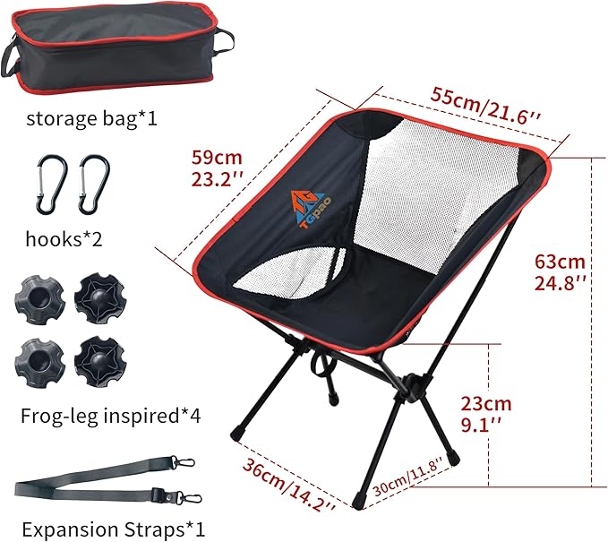 Lightweight Backpacking Folding Chair with Carry Bag,Stable and Sturdy Camping Chairs with Back Support, Fishing, Hiking and Beach Activities (Low backrest, Black and red, S)