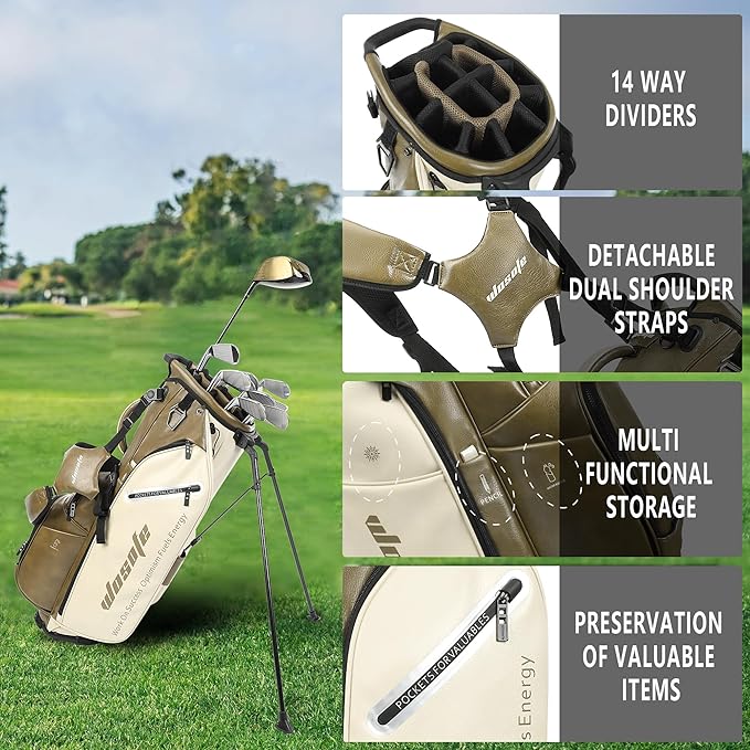 WOSOFE PU Golf Bag with 6/14 Way Top Dividers Automatically Adjustable Dual Straps Elegant Design for Men Women Pu Golf Stand Bag with Multiple Pockets