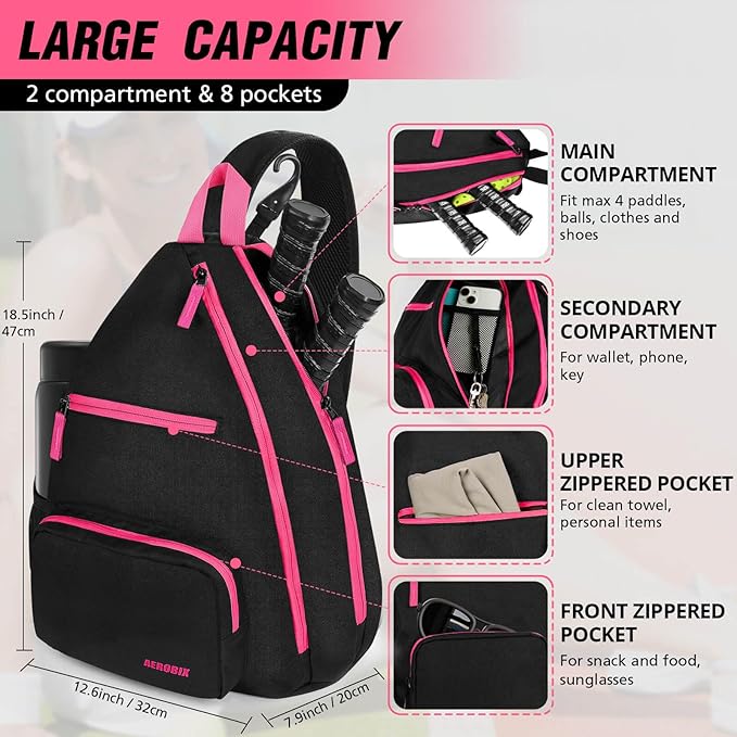 AEROBIX Pickleball Bag for Women & Men, Pickle Ball Backpack - Upgraded Zippers, Large Capacity, Padded Paddle Pocket, Adjustable Sling Bag (No Accessories)