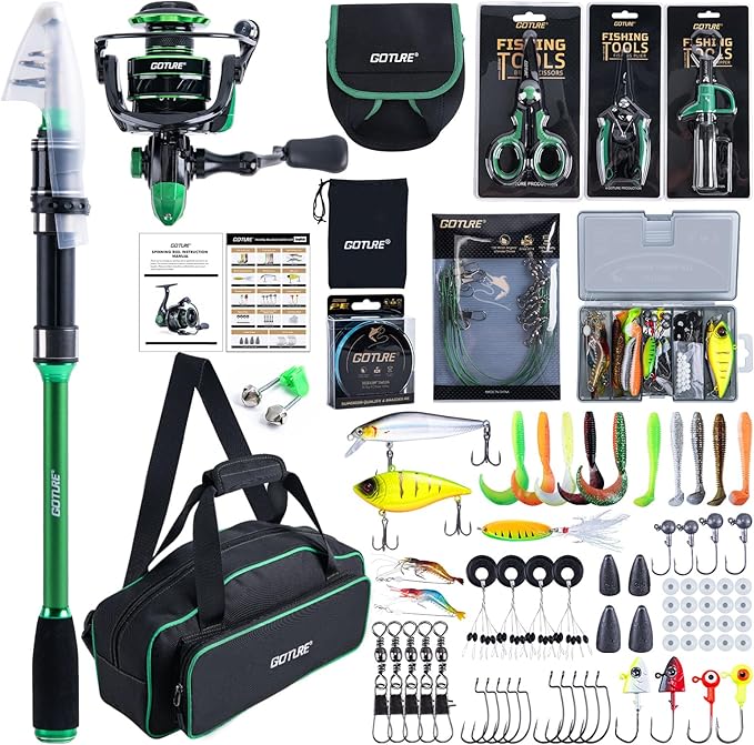 Goture Fishing Rod and Reel Combo - Green Telescoping Fishing Pole Portable Travel Kit with Carrier Bag for Freshwater Saltwater