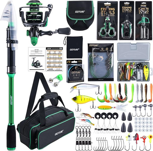 Goture Fishing Rod and Reel Combo - Green Telescoping Fishing Pole Portable Travel Kit with Carrier Bag for Freshwater Saltwater