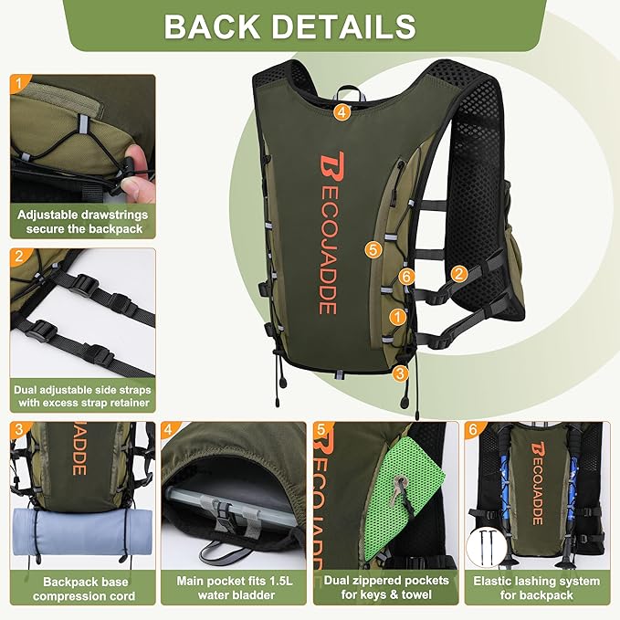 BECOJADDE Running Vest Hydration Backpack for Men Women, 5L Lightweight Running Backpack Hydration Pack for Marathon, Trail, Cycling, Hiking, Jogging