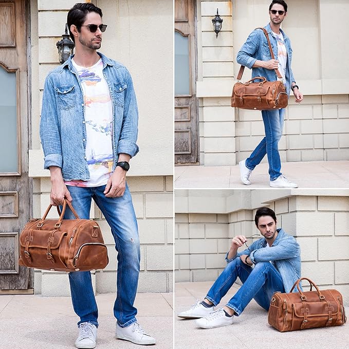 Leather Duffel Bag 20 Inch Full Grain Leather Travel Overnight Weekend Bag for Men and Women, 9802 Light Brown