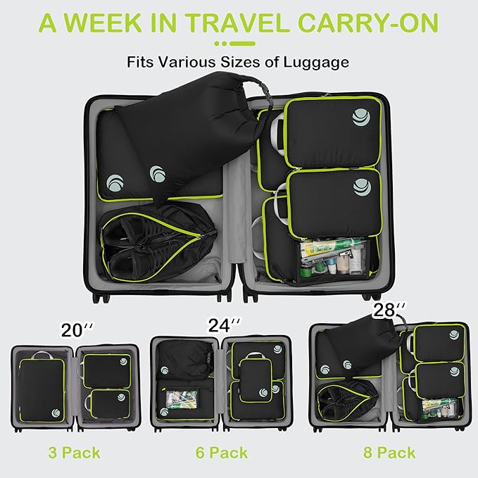 Cipway Compression Packing Cubes, Lightweight Travel Luggage Organizers with Shoe, Toiletry & Laundry Bags, Travel Essentials for Carry-on Suitcase (8 Piece, Black)