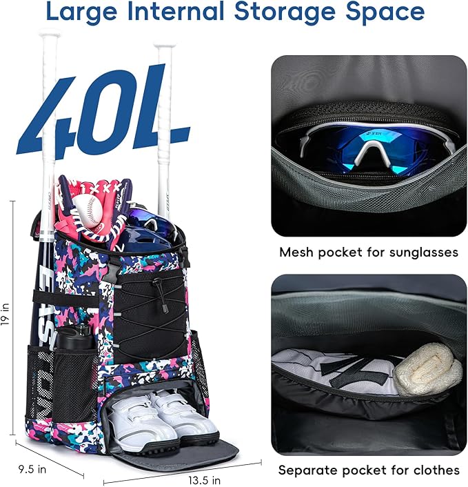 Baseball Bag for Youth and Adult, Softball Backpack 40L Large Capacity, Bat Backpack with Shoes Compartment and Hidden Helmet Holder