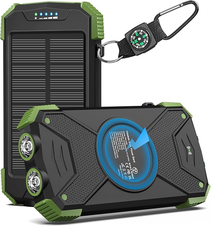 BLAVOR Solar Power Bank 10,000mAh, Portable Wireless Charger, 20W Fast Charging External Battery Pack with USB C for Cell Phones, Solar Panel Charging with Dual Flashlight for Camping