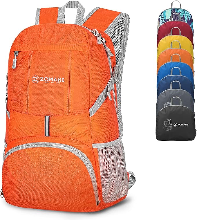 ZOMAKE Lightweight Packable Backpack 35L, Light Foldable Backpacks Water Resistant Collapsible Hiking Bag, Compact Folding Day Pack for Travel Camping(Orange) | Lightweight, Light, Foldable, Backpacks, Water Resistant, Collapsible