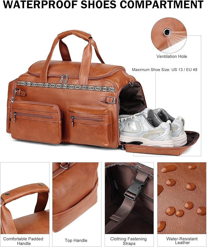 FADEON Duffle Bag for Women, Large Convertible Carry on Overnight Backpack, Designer Leather Mens Weekend Bags for Travel