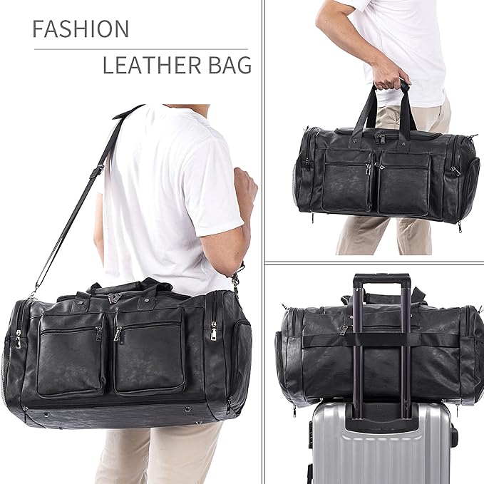 Travel Bag with Shoe Pouch,Weekender Overnight Bag Leather Large Carry On Bag