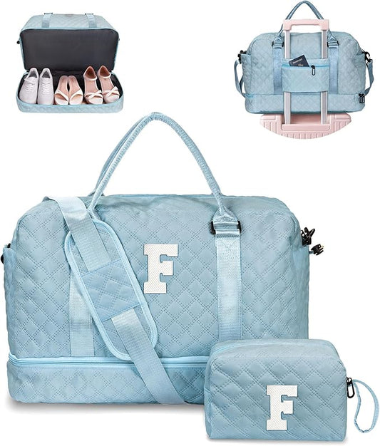 Gifts for Mom-Initial Duffle Bag with Shoe Compartment, Personalized Weekender Bag, Monogram Overnight Bag, Letter Travel Bag with Makeup Bag，Personalized Gifts Idea for Women Her (Letter F)