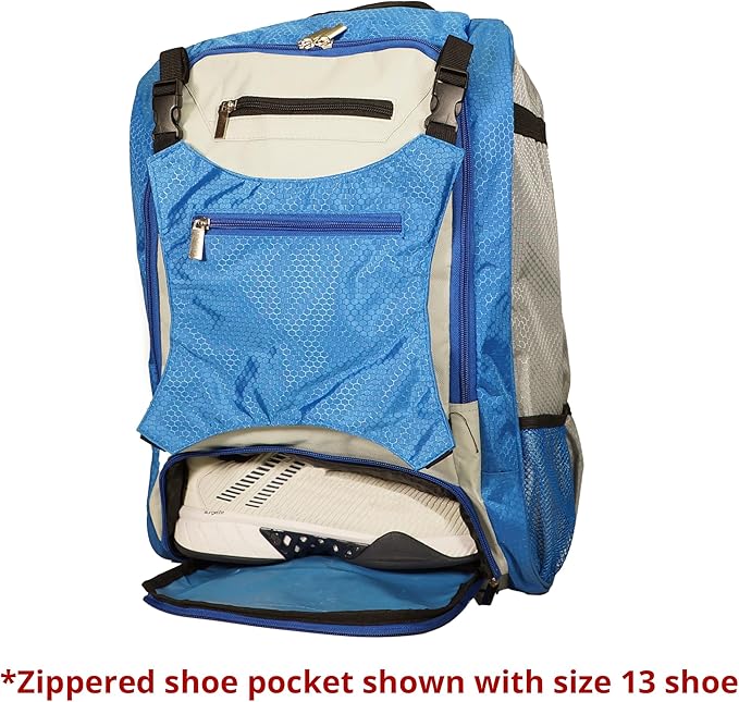 Baseball Backpack with Cleat/Shoe Pocket | Large Capacity | 19.5" T x 14" W x 7.5" D | Holds 4 Bats | External Helmet Storage | 3 Extra Zipper Pockets for Sunglasses, Seeds, Cell Phone (Blue/Gray)