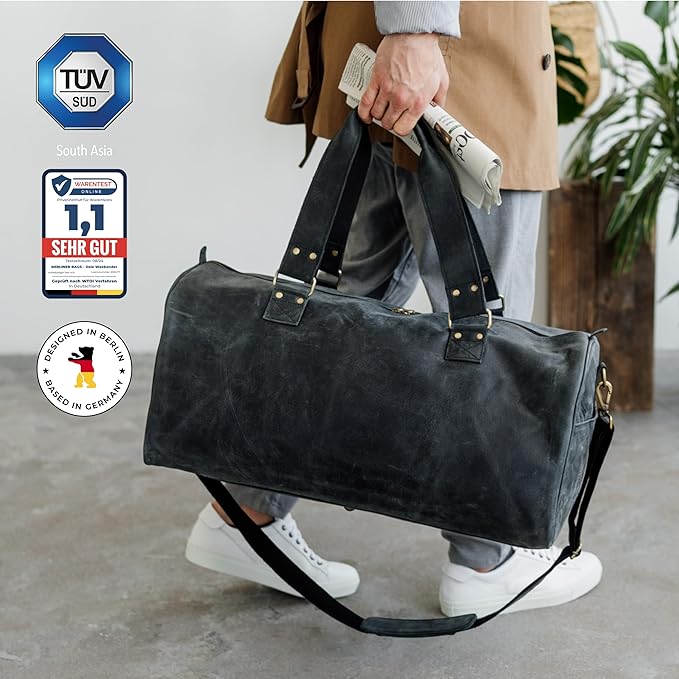 Berliner Bags Vintage Genuine Leather Duffle Bag Oslo for Travel or the Gym, Weekender, Travel Bag, Overnight Bag for Men and Women - Brown - Dark Grey