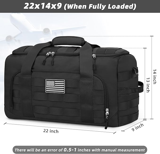 ZOMFELT Tactical Gym Bags for Men, Carry On Luggage 22x14x9 Airline Approved, 45L Duffle Bag with Removable Dividers & Innovative Shoe Compartment, Travel Duffel Gym Backpack, Black