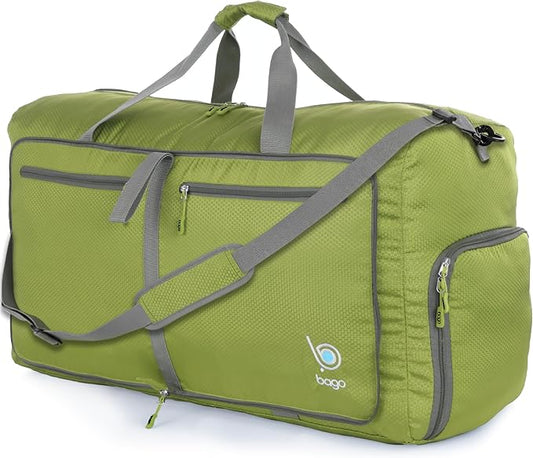Bago Foldable Duffel Bags for Traveling Women & Men - 60L Medium Packable Duffle Bag for Travel with Shoe Compartment - Water Repellant, Heavy Duty, Lightweight Folding & Collapsible (Green)
