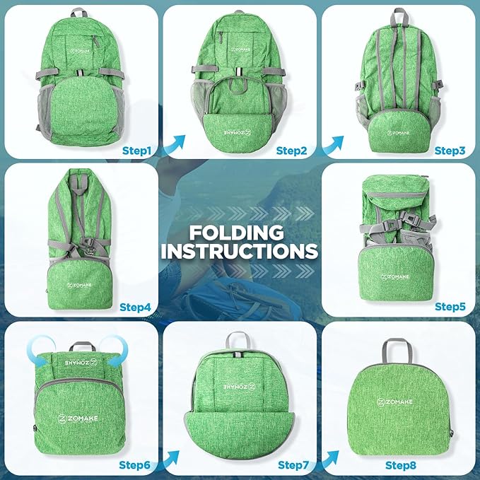 ZOMAKE Ultra Lightweight Packable Backpack 25L,Small Foldable Backpacks Hiking Water Resistant Collapsible Daypack for Women Men(Dark Green-B3)