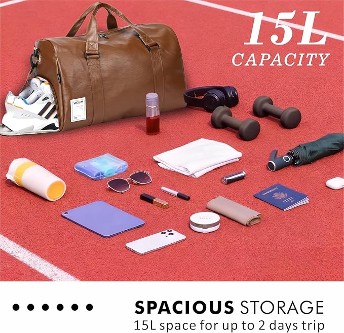 Leather Travel Bag with Shoes Compartment & Wet Pocket, Sports Gym Tote Bag Travel Duffel for Men & Women, Overnight Weekender Bag Waterproof Leather Large Carry On Bag