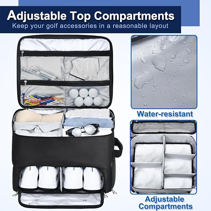 CAB55 Golf Trunk Organizer with 4 Wheels, 2 Layer Waterproof Car Golf Organizer with Separate Ventilated Compartment for 2 Pair Shoes, Golf Trunk Storage for Clothes, Accessories, Golf Gifts