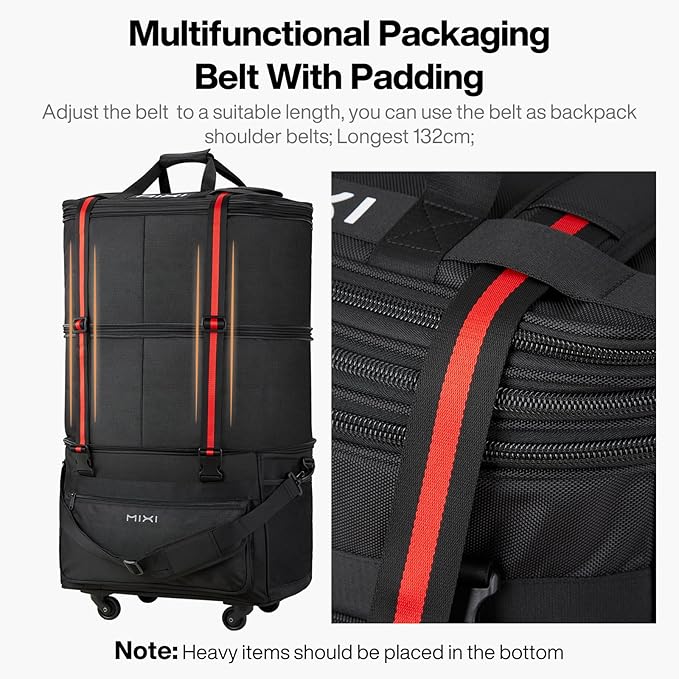 mixi Travel Bag with Wheels Expandable Foldable Luggage Bag Collapsible Rolling Travel Bag Duffel Bag Large Capacity Suitcase for Men Women, Black