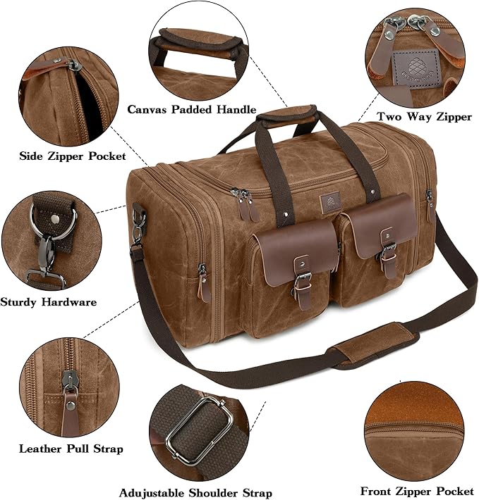 Canvas Duffle Bag for Men 60L Travel Duffel Bags Expandable Genuine Leather Duffel Overnight Weekender Carry On Bag Two Zipper Pockets Travel Bag (Vintage Dark Brown, X Large-60L)
