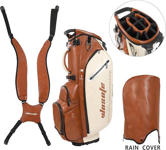 WOSOFE PU Golf Bag with 6/14 Way Top Dividers Automatically Adjustable Dual Straps Elegant Design for Men Women Pu Golf Stand Bag with Multiple Pockets