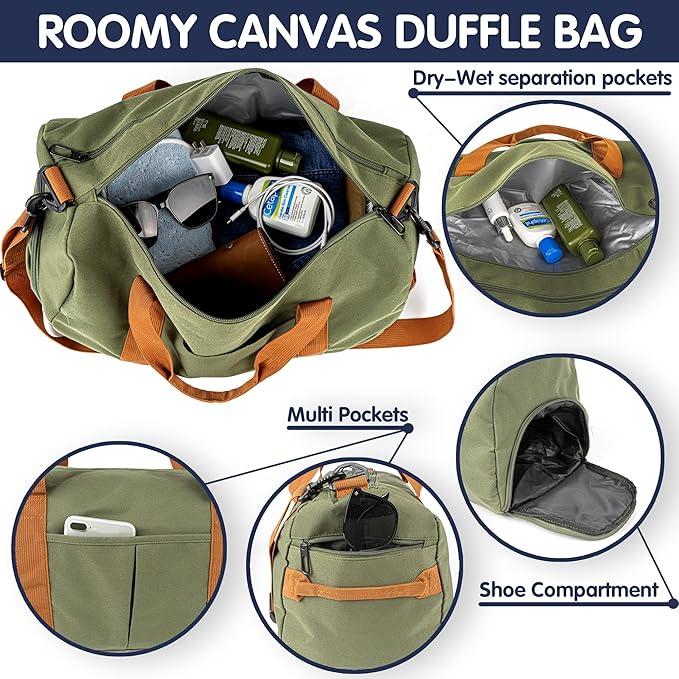 Duffle Bag for Men Personalized Overnight Bags Travel Bag with Durable Canvas Weekender Overnight Bag with Shoe Compartment Custom Groomsmen Gift for Travel Gym Storage Camping Moving (Green)